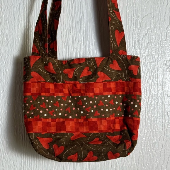 Handmade Hippie Heart Purse Long Strap Crossbody Patchwork Red Brown 8x9 inches - Picture 2 of 5